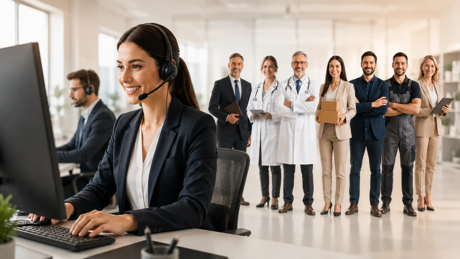 PowerOn Connect Mitarbeiterin am Telefon – dahinter Kunden aus Handwerk, Praxis, Kanzlei und Handel